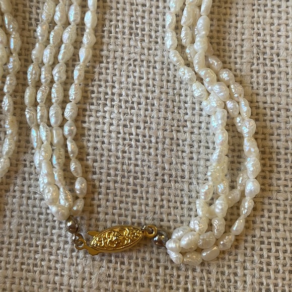 Genuine white rice Pearl four strand necklace gold color clasp - Picture 2 of 7